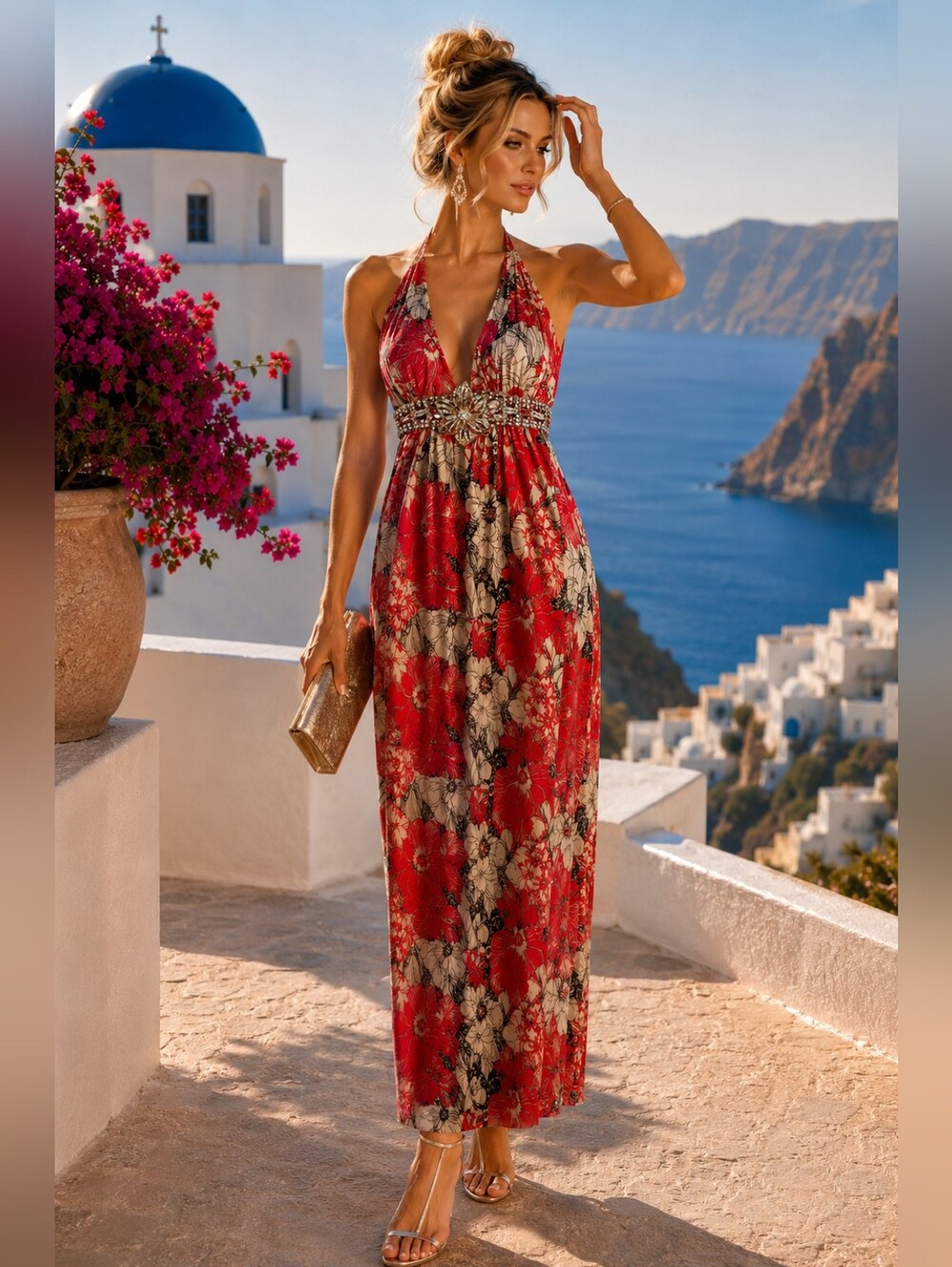 Sky Jeweled Floral Halter Silk Maxi Dress XS Resort Glam Jet Set Goddess Lux
